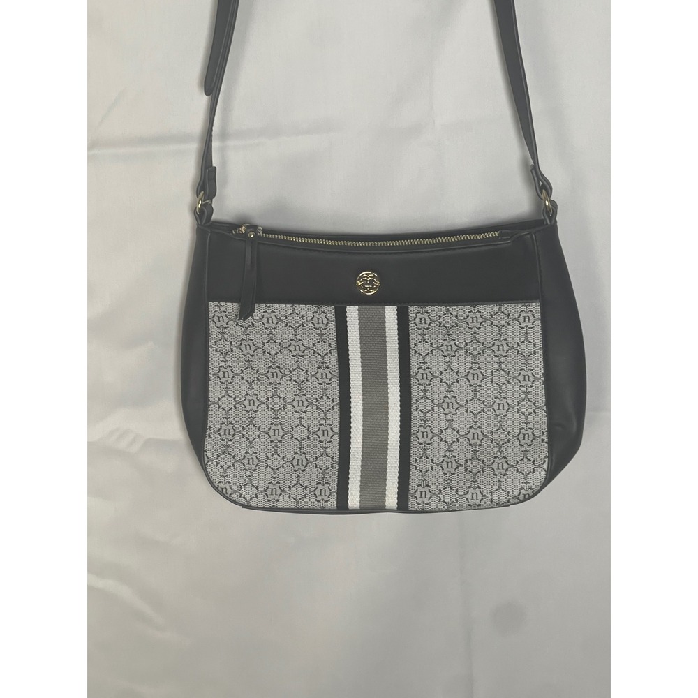 Nanette Lepore Navy Blue Monogram Crossbody Bag Stripe Zip Top Shoulder Purse - Picture 2 of 6